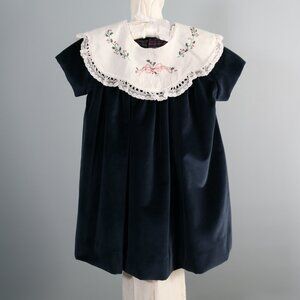 Girl's Dark Blue Velvet Holiday Dress with Removable Collar